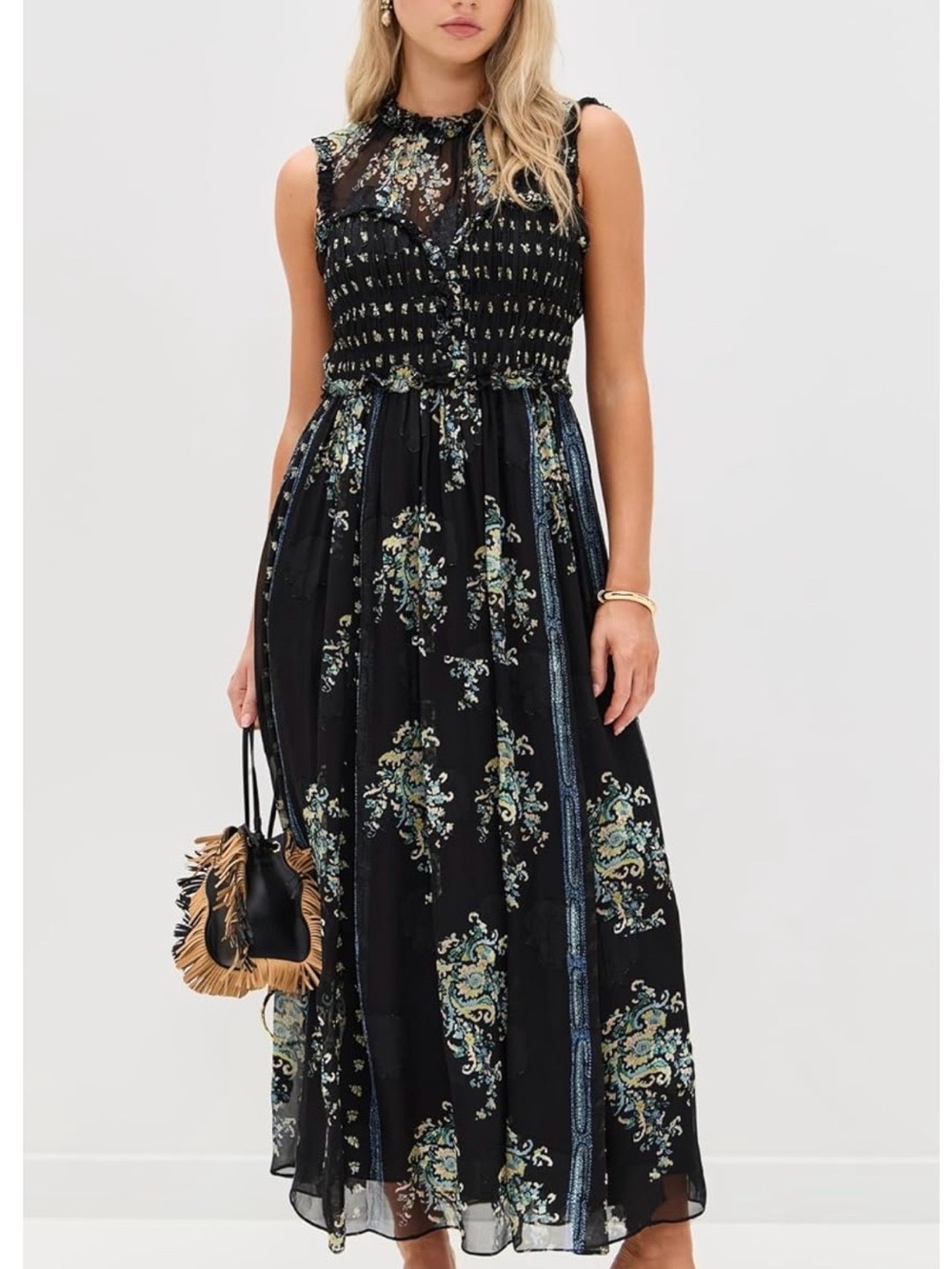 Ulla Johnson Kasia Black Floral Sleeveless Smocked Dress NWT - Picture 5 of 8